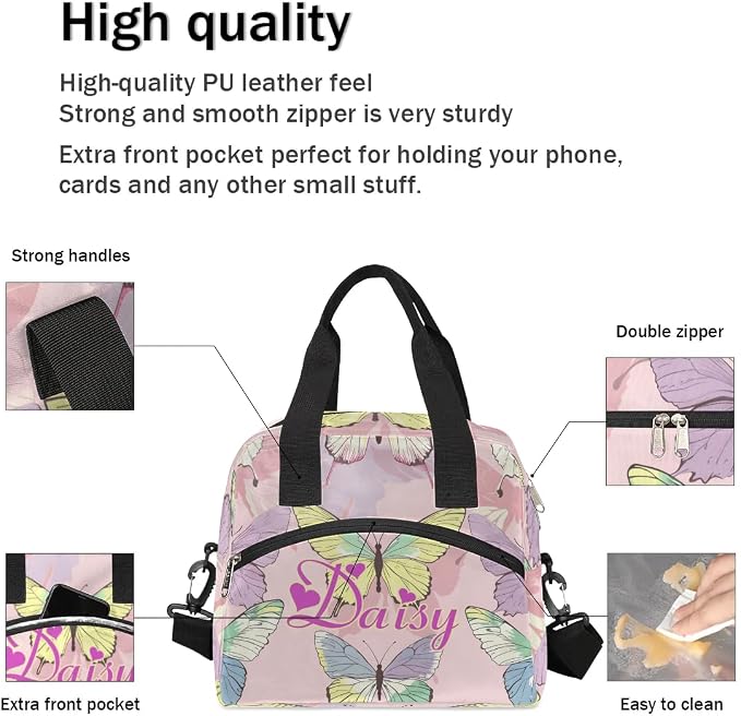 Personalized Butterfly Lunch-Bag for Women, Custom Insulated Cooler Lunch Box with Name, Leakproof-Reusable Lunch Tote Bag for Work Office Picnic - Pink Purple