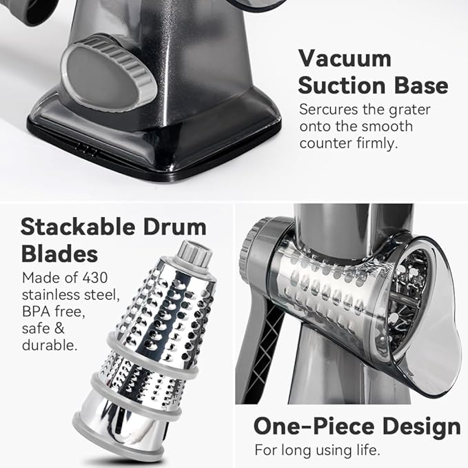 Cheese Grater Hand Crank Rotary Vegetables Shredder with Handle, 3-in-1 Graters with Interchangeable Blades and Non-slip Base Multifunctional Slicer for Kitchen