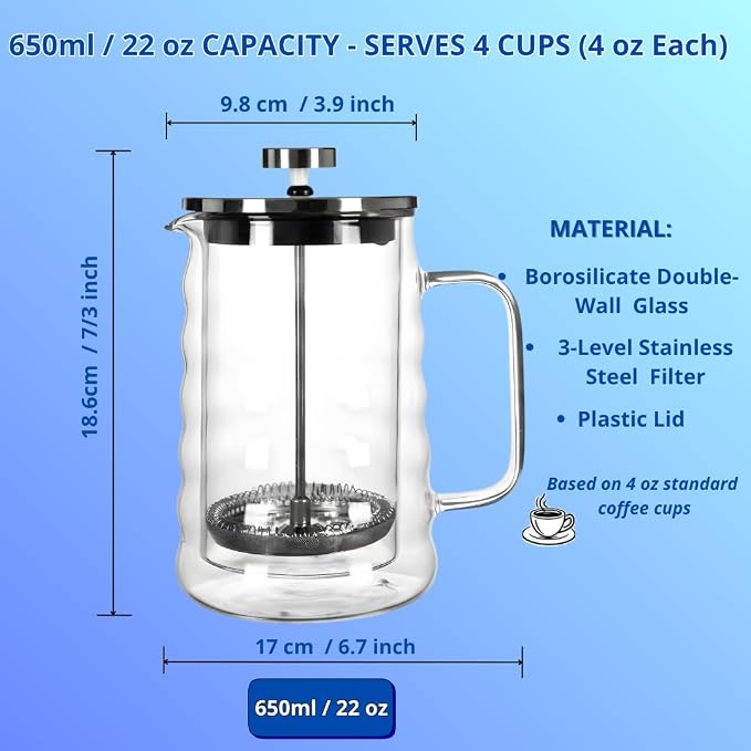 Wavy Glass French Press Coffee Maker 22oz – Cute Small French Press – Double-Wall Borosilicate Coffee Press with Stainless Steel Filter – Manual Coffee Brewer & Tea Press