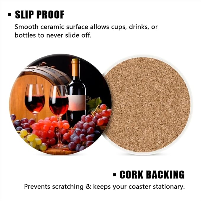 1 Pcs Coffee Cup Coasters for Drinks, Bottle of Red Wine Round Absorbent Non-Slip Ceramic Stone Cork Coasters for Kitchen Living Room Office Decoration Bar (4 * 4 Inch)