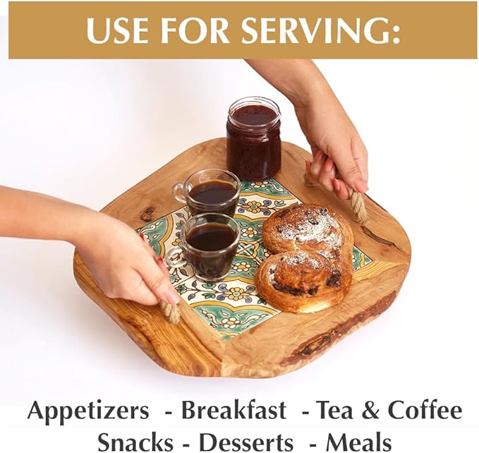 Kamsah Olive Wood Serving Tray with Handles (L:10”, W:10”) Decorative Square Serving Trays for Serving Food, Drinks, Tea, Coffee - Rustic Vintage Wooden Serving Tray for Table & Gifts - Arabesque