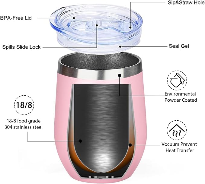 MEZMUT 12 Oz Insulated Wine Tumbler with Lid Double Wall Vacuum Stainless Steel Wine Glass Coffee Mug Insulated Tumbler Cup for Champaign, Cocktail, Beer (Pink, 4 Pack)