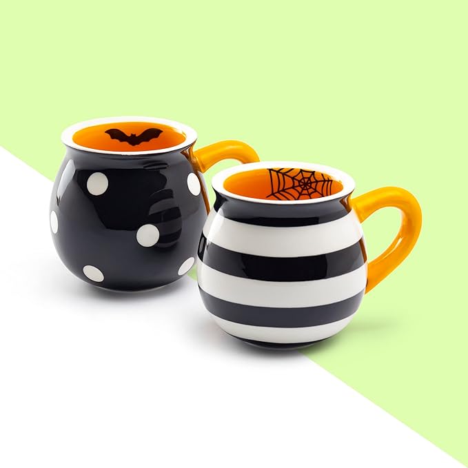 Terramoto Ceramic Halloween Bat Dots and Spider Web Stripes Mugs set of Two Assorted Design