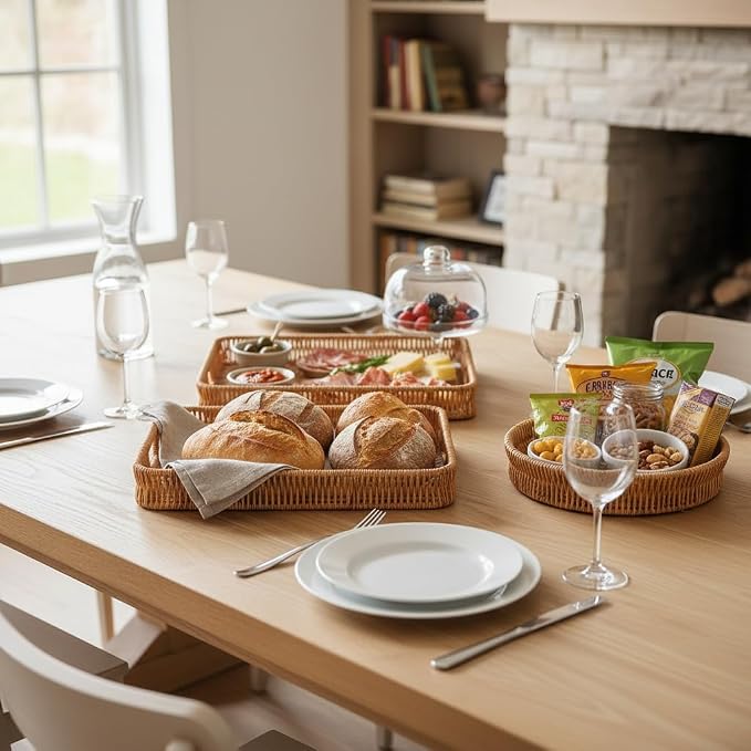 3pcs Rectangular Serving Tray with Handles, Decorative Wicker Organizer Baskets Storage Tray for Coffee Table, Bread, Fruit, Snacks, Table Centerpiece Decor