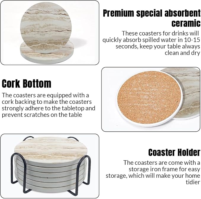 Ceramic Coasters Set of 8, Marble-Textured Design with Holder - Absorbent Cork-Backed Coasters for Cups, Bar & Coffee Table Decor Accessories (Khaki Marble, 8 Pack-Thin)