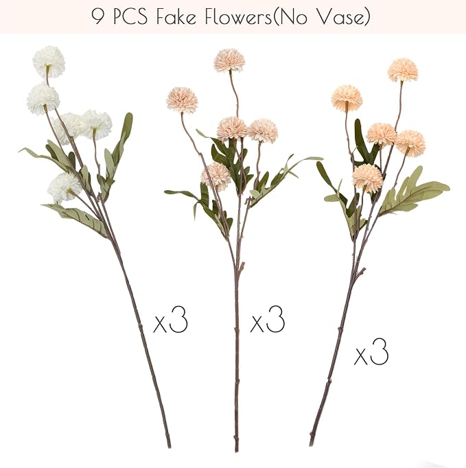 trytuny Fake Fall Flowers for Vase, Faux Silk Kiku Mums, Artificial Pom pom Floral Bouquets Indoor Centerpiece Office Coffee Table Boho Home Decorations (9, Mixed Cream)