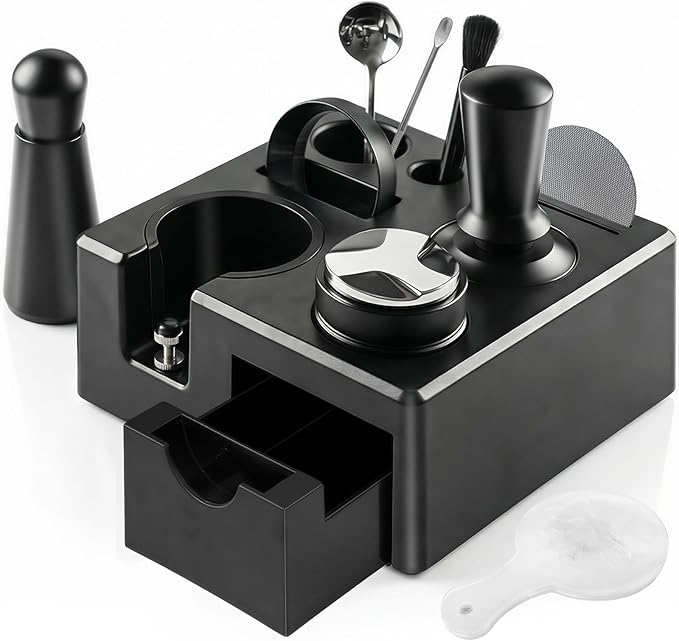 10PCS Espresso Accessories Kit - Espresso Knock Box and Tamping Station,Coffee Tamper,Distributor,WDT,Dosing Funnel,Puck Screen,Brush,Coffee Spoon,Latte Pen,16 Stencils Fits Breville 54mm Portafilter