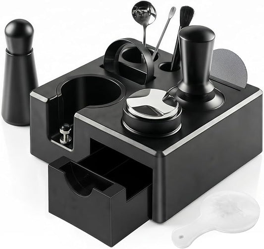 10PCS Espresso Accessories Kit - Espresso Knock Box and Tamping Station,Coffee Tamper,Distributor,WDT,Dosing Funnel,Puck Screen,Brush,Coffee Spoon,Latte Pen,16 Stencils Fits Breville 54mm Portafilter