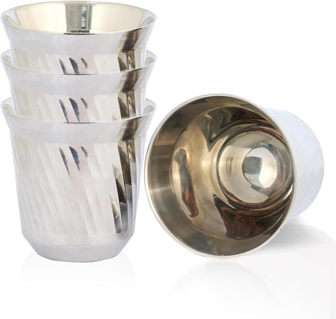 75mL (2.5 Ounce) Stainless Steel Espresso Cups - 4 Pack Double Wall Insulated Demitasse Coffee Cup For Drinking Beverages(Silver Ripple)