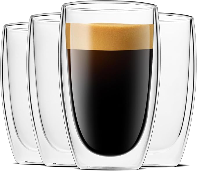 LUXU 16 Oz Double Walled Glasses Coffee Mugs,4-Pack Premium Coffee Cups,Double Wall Insulated Glass Coffee Cups,Clear Borosilicate Glass Mugs,Perfect for Cappuccino,Espresso,Hot Beverage and Beverage.