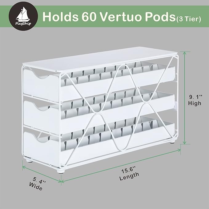 FlagShip for Nespresso Pod Holder Drawer 3 Tier Coffee Capsule Holder for Nespresso Vertuo Pod with Elegant White(60 Pods Capacity)