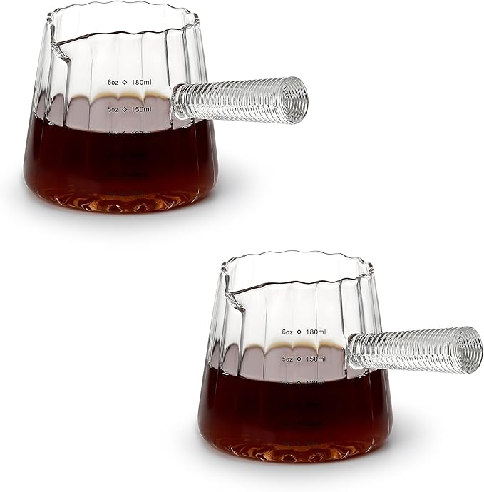 Koythin 2-Piece Glass Measuring Cups, Ribbed Espresso Shots Cup for Latte Milk, Minimalist Espresso Cups with V-Shaped Spout, Cute Coffee Bar Accessories with Glass Handle, 3 oz/180 ml (Tapered)
