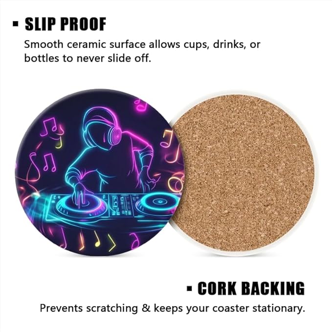 Round Ceramic Stone Cork Drink Coasters, Neon Dj Playing Music on Turntable Absorbent Removable Non-Slip Cup Mat Place for Kitchen Counter Drinks Coffee Cup Tableware Set of 1 (4 * 4 Inch)