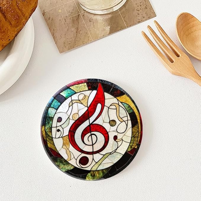 Round Ceramic Stone Cork Drink Coasters, Circular Composition of Musical Notes Absorbent Removable Non-Slip Cup Mat Place for Kitchen Counter Drinks Coffee Cup Tableware Set of 1 (4 * 4 Inch)