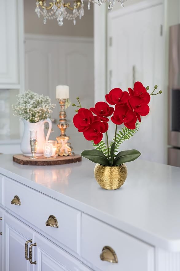 Briful Orchid Fake Flowers 13'' Red Silk Orchid Artificial Flowers with Gold Pot Small Faux Orchid Arrangement for Home Office Dining Room Table Centerpiece Shelf Decor