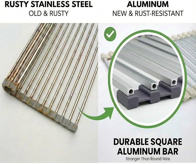 Large Aluminum Roll Up Dish Drying Rack (20.5" x 13") -Fits Sink Openings up to 19.5 Inches, Heavy Duty Square Bar, Rust-Proof & Heat Resistant with Removable Dish Holder (Purple Gray Large)