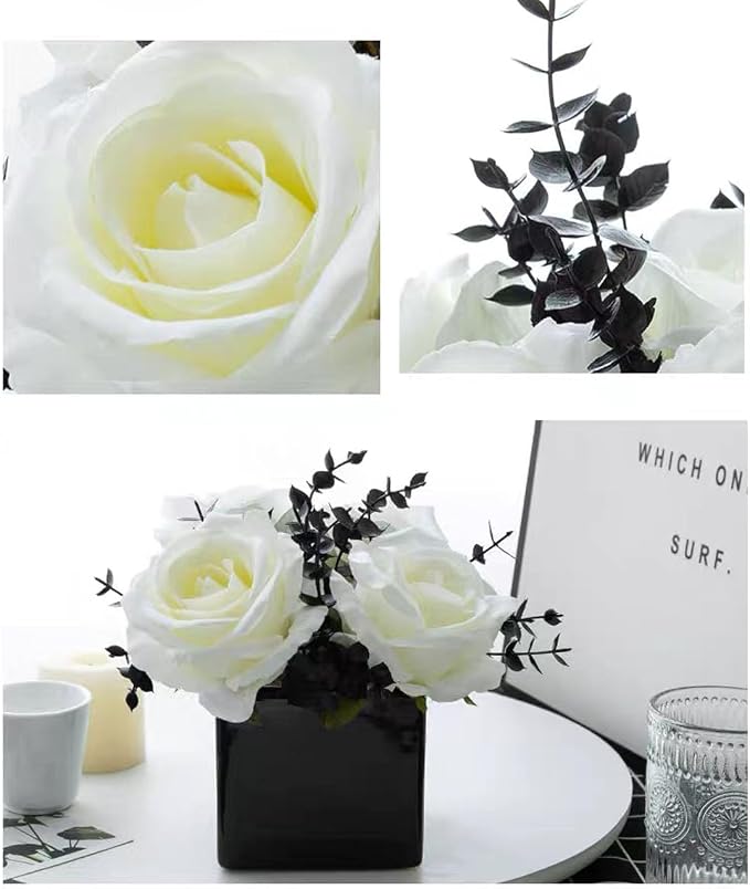 LADADA Artificial Flowers with Small Ceramic Vases | Roses in Vases Plastic Artificial Flowers and Plants,Used for Home Office Wedding Decoration（white + black）