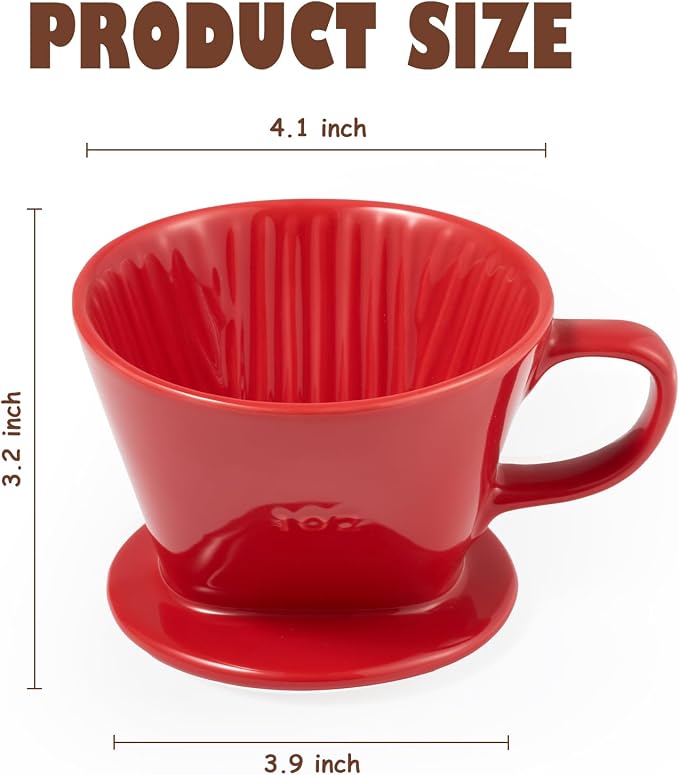 Pour Over Coffee Dripper, Ceramic Pour Over Coffee Maker with 3 Holes Flat Bottom, Easy Manual Brew Maker, Porcelain Slow Filter Cone for Travel, Camping, Office, Home,Red