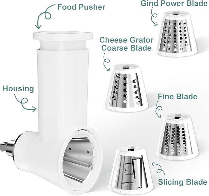 Slicer Shredder Attachment for KitchenAid Stand Mixer, Cheese Grater Attachment for Kitchenaid, Salad Maker, Grinding Powder, Dishwasher Safe with 4 Blades, White