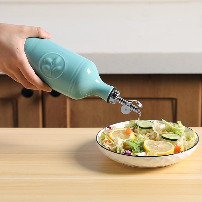 Sweejar 16 Oz Ceramic Olive Oil Dispenser Bottle, Oil Dispenser for Kitchen with Gravity Spout, Relief Opaque Oil Container for Evoo, Avocado Oil, Vinegar, Soy Sauce, 1 Pack(Turquoise, Silver Spout)