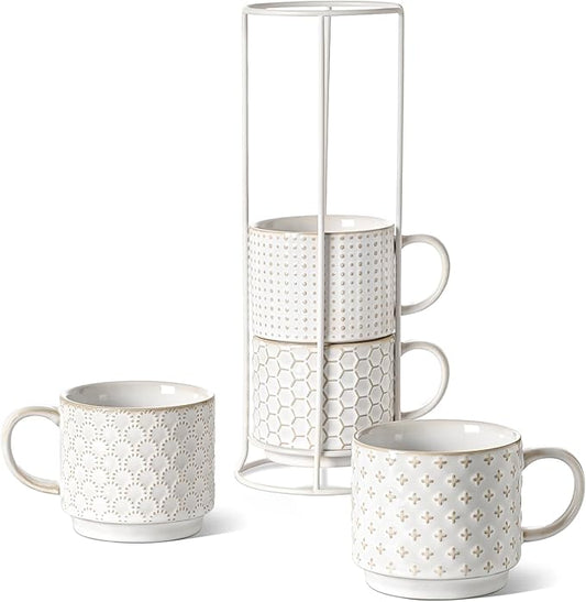 LE TAUCI Stackable Coffee Mugs Set with Stand, Ceramic Embossment Coffee Cups for Au Lait, Cappuccino,Latte,Cafe,Mocha,Tea, Suit For Housewarming Wedding - 12 oz, Set of 4,Arctic white