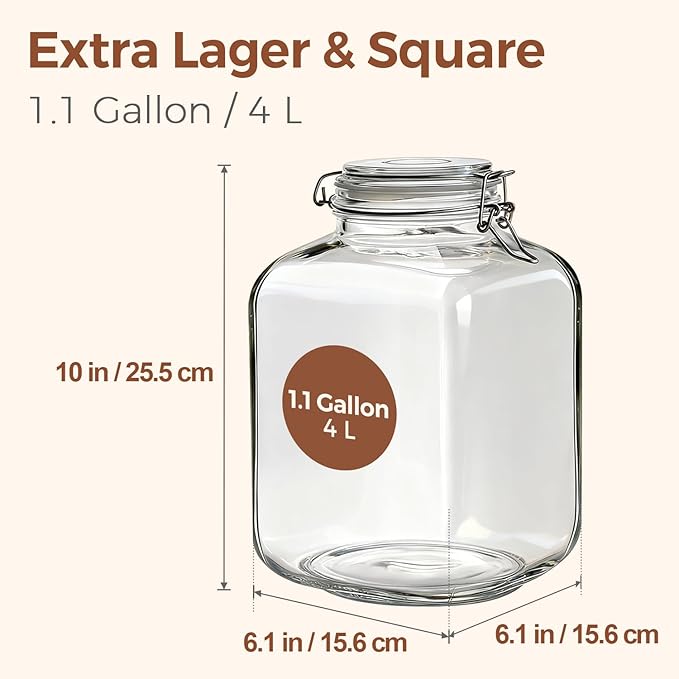 ComSaf 1.1 Gallon (4L) Square Glass Jars 2-Pack - Large Airtight Food Storage Canisters with Clamp Lids for Bulk Flour, Rice, Sugar, Coffee Beans, Fermentation, Pickling, Farmhouse Pantry Organization
