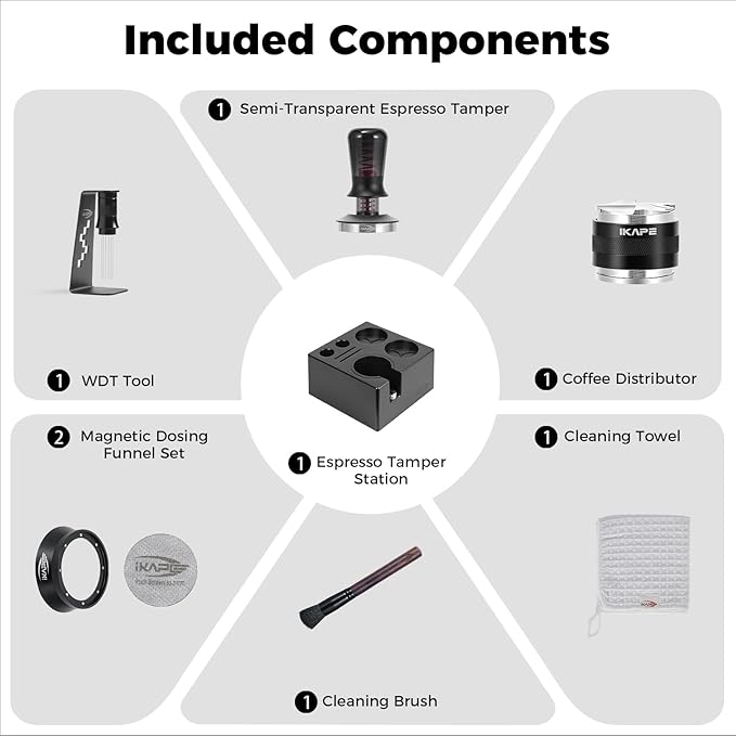 IKAPE 58mm Black Espresso Tool Set 8 IN 1, Coffee Tamper, Distributor, Magnetic Funnel, Puck Screen, Tamper Station, Stirrer Distribution Tool, Cleaning Towel and Brush