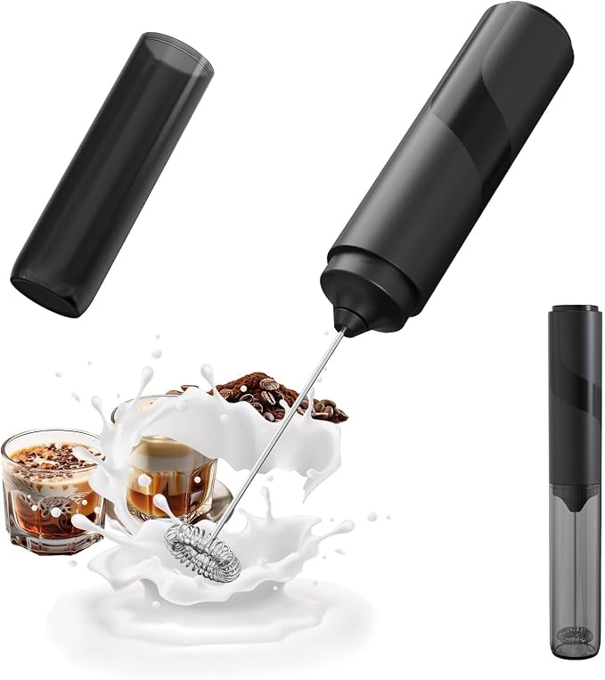 Milk Frother Handheld Electric Foam Maker, Drink Mixer with Stainless Steel Whisk for Cappuccino, Bulletproof Coffee, Latte, Battery Operated (Deep black)