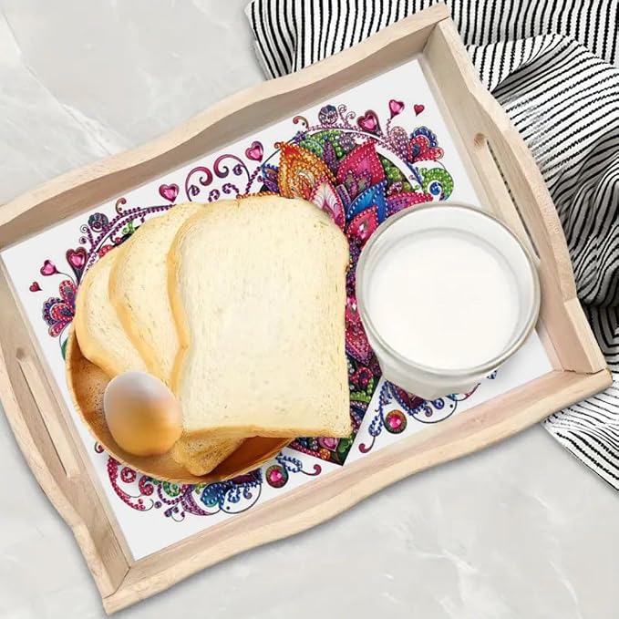 DIY Diamond Serving Tray Rectangular Breakfast Tray with Handle Handmade Diamond Art Painting Wooden Tray for Dinner Plate Coffee Room Living Home Organizer-Cat01