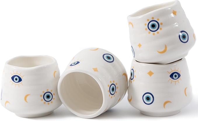 4pcs Japanese Tea Cup Set – Mini Size Cup 5OZ Ceramic Matcha Cup, Handless Espresso Cups, Cute Small Porcelain Coffee Mugs, for Coffee Tea Lovers, Dishwasher & Microwave Safe (Evil Eye)