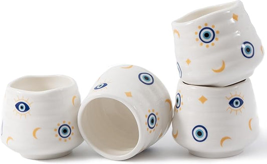4pcs Japanese Tea Cup Set – Mini Size Cup 5OZ Ceramic Matcha Cup, Handless Espresso Cups, Cute Small Porcelain Coffee Mugs, for Coffee Tea Lovers, Dishwasher & Microwave Safe (Evil Eye)