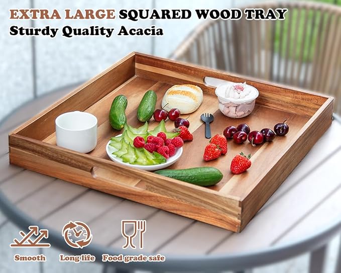 Large Ottoman Tray for Living Room, 20" Extra Large Wooden Tray for Ottoman Square Big Acacia Serving Trays with Handles for Coffee Table, Breakfast, Appetizers, Dinner