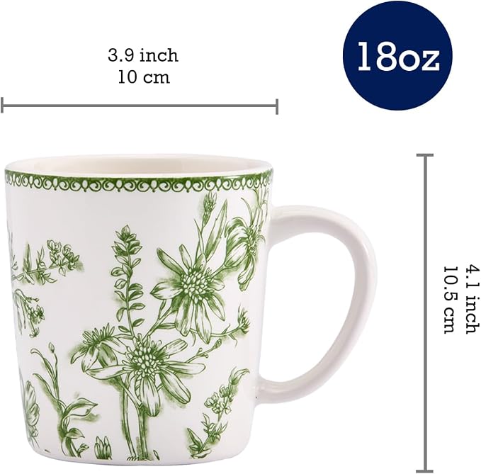 Bico Green Garden Toile De Jouy Ceramic Coffee Mugs Set of 4, 18 oz Large Tea Cups with Handle, Aesthetic Latte Mugs for Cappuccino Cocoa, Lead-Free, Dishwasher and Microwave Safe, Housewarming Gift