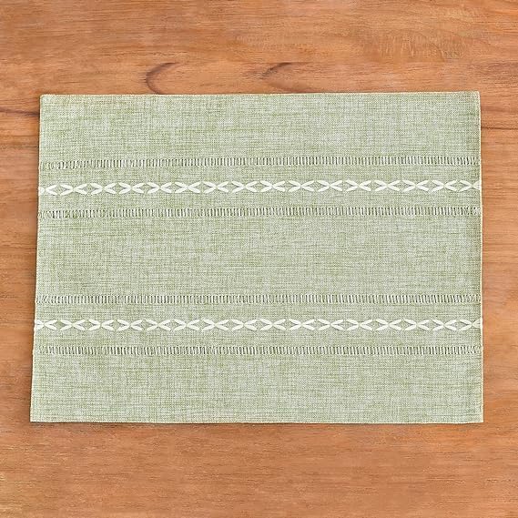 Wracra Cotton Linen Placemats, 12 x 18 Inch Set of 6 Placemats Rustic Hemstitch Place Mats for Kitchen Table and Heat Resistant-Hemstitch Sage Green