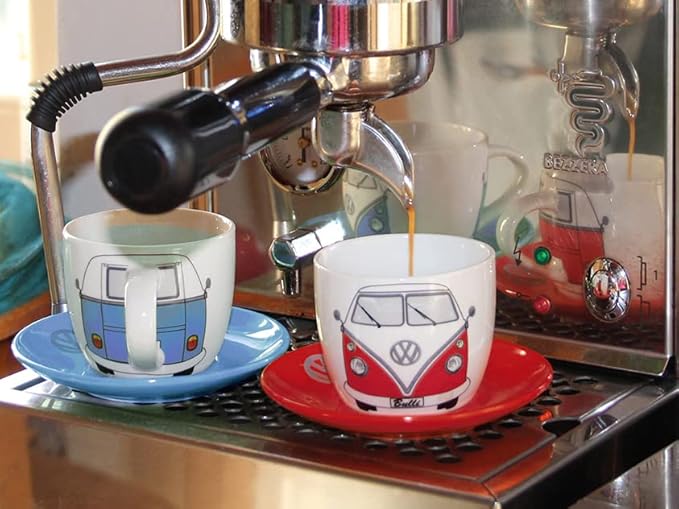 BRISA VW Collection - Volkswagen Espresso Cups Coffee-Tea-Cappuccino Set in T1 Bus Campervan Design (Bus Front/100ml/3.4 fl oz) (Set of 2 (red, blue))