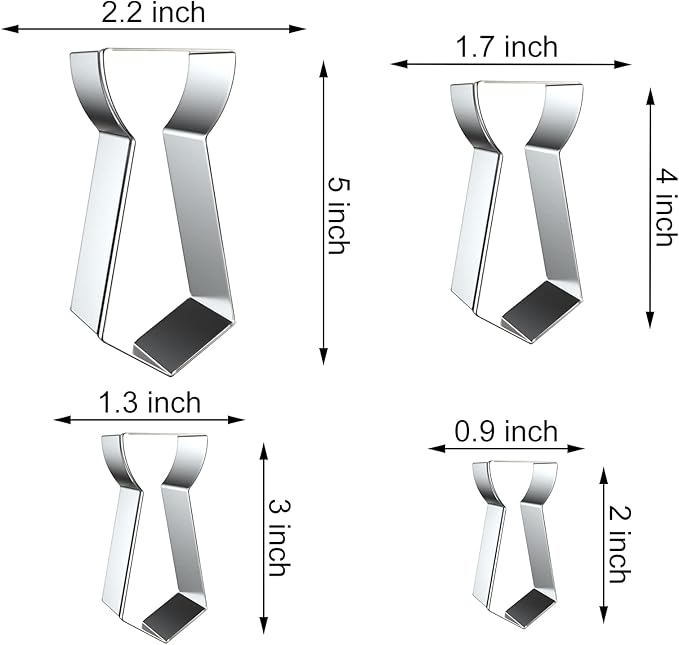 Neck Tie Cookie Cutter Set Large Assorted Sizes - 5 Inch, 4 Inch, 3 Inch, 2 Inch - 4 Piece Neck Tie Cookie Cutters Shapes for Men Father's Day - Stainelss Steel