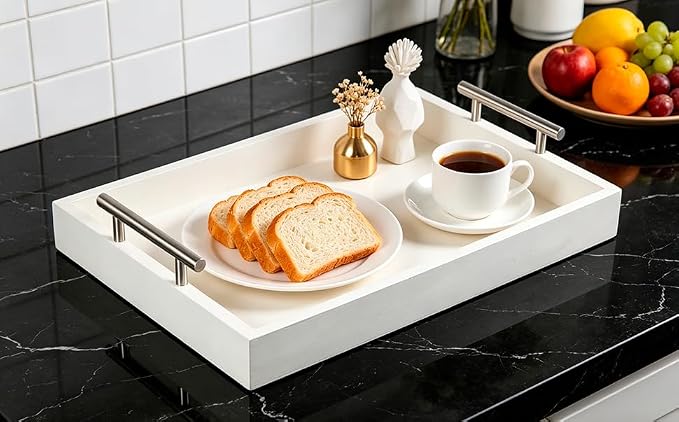 Serving Tray 16.5“X 13“ Deluxe Wooden Ottoman Food Tray for Eating, Dinner Trays for Eating on Couch Tray,Coffee Table with Polished Silver Metal Handles-4 Round Coasters Included, White