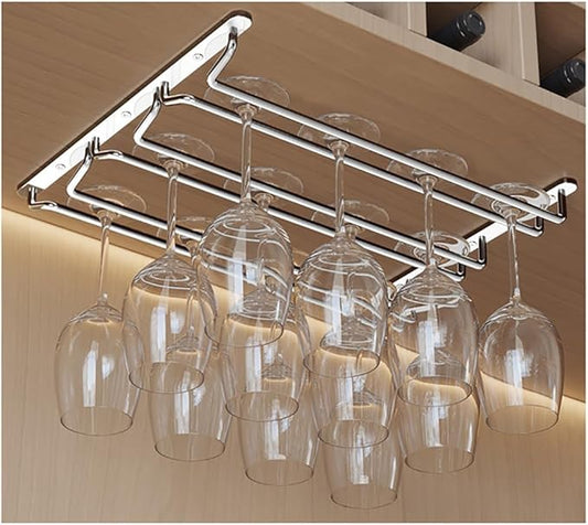 CAKERS Under Cabinet Hanging Stemware Display Rack|304 Stainless Steel Wine Glass Holder|Wine Glass Storage Organizer Hanger,3 Rows,40cm(15.7in)