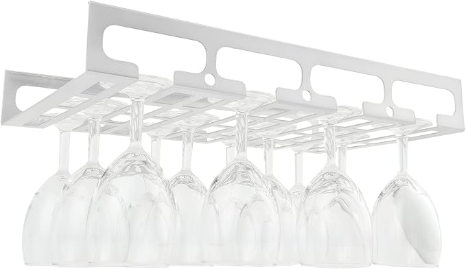41cm/16in Modern Metal Wine Glass Holder - Under Cabinet Stemware Hanging Rack - Wine Glass Storage Organizer Rack, 4 Row (Color : White)