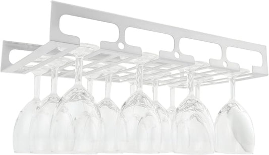 41cm/16in Modern Metal Wine Glass Holder - Under Cabinet Stemware Hanging Rack - Wine Glass Storage Organizer Rack, 4 Row (Color : White)