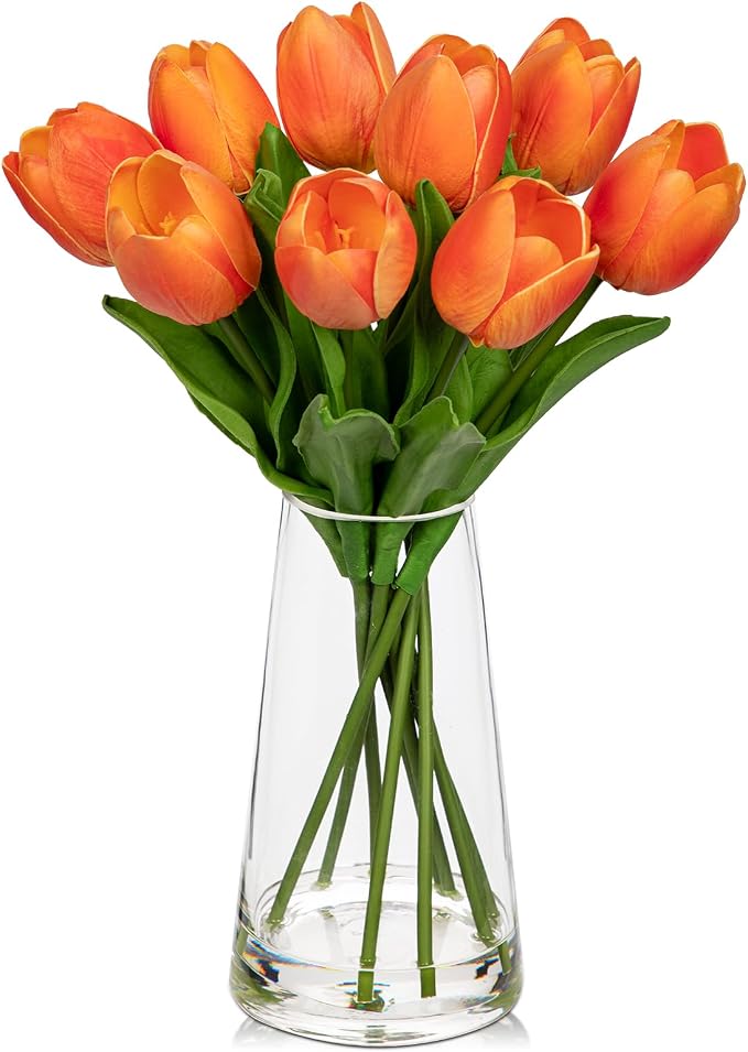 Fake Tulips Artificial Tulip Flowers in Glass Vase with Faux Water, 14.2" Real Touch Orange Tulip Flowers Décor for Table Centerpiece Home Farmhouse Resto Wedding Decoration