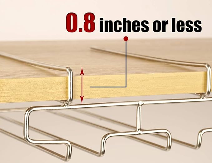 Wine Glass Holder - 2 Rows Stemware Rack Under Cabinet - 304 Stainless Steel Hanger Storage Shelf, Fit for The Cabinet 0.8“ or Less