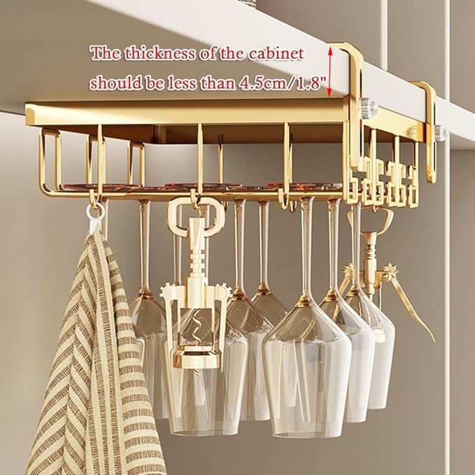 Adjustable Wine Glass Rack Under Cabinet, Hanging Metal Wine Glass Holder, Glasses Storage Hanger with 6 Hooks (Color : Gold, Size : 24x23cm(9.4x9inch))
