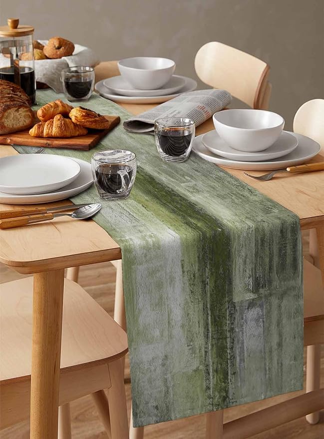 Sage Green Table Runner - 72 Inch Long, Oil Modern Paintings Abstract Kitchen Dining Table Runner Dresser Scarves, Geometric Artwork Grey Green Tablerunner for Coffee Table Wedding Party, 16x72 in