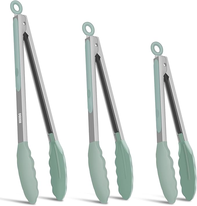 Kitchen Tongs, Stainless Steel Cooking Tongs with Silicone Tips, 600ºF High Heat-Resistant Non Scratch Locking Tongs for Cooking BBQ Grilling Air Fryer Pans, Set of 3 (7" 9" and 12") Sage Green
