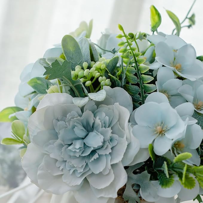 TKAS Fake Flowers Arrangement in Ceramic Vase, Artificial Faux Silk Roses & Hydrangea, Small Realistic Dried-Style Floral Dining Table Centerpiece for Wedding Party Home Decoration (Blue)