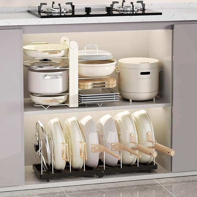 Pots and Pans Organizer under Cabinet,15.35" Height 8 Tier Pot Organizers Rack,Heavy-Duty Pot & Pan Organizer,Adjustable Pan Organizer under Cabinet Kitchen Organization and Storage,Black