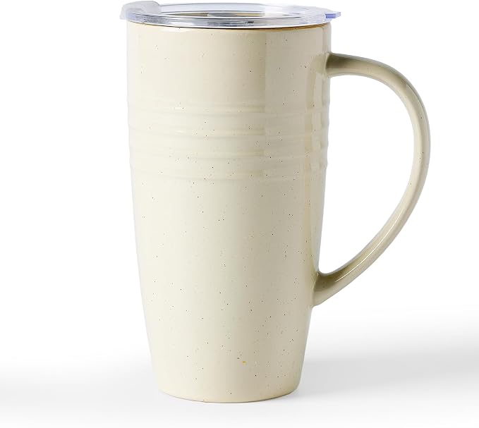 famiware Jupiter Large Coffee Mug, 20oz Coffee Mug with Lid, Ceramic Cup with Handle for Latte, Tea, Cocoa, Milk, Home & Office, Microwave and Dishwasher Safe, Vanilla White
