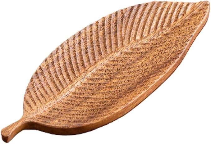 Walnut Wood Fruit Tray, Handmade Chinese Style Snack Serving Plate, Solid Wood Tea Dessert Tray for Dim Sum, Vintage Walnut Platter, Gift (Thin Tree Leaves)