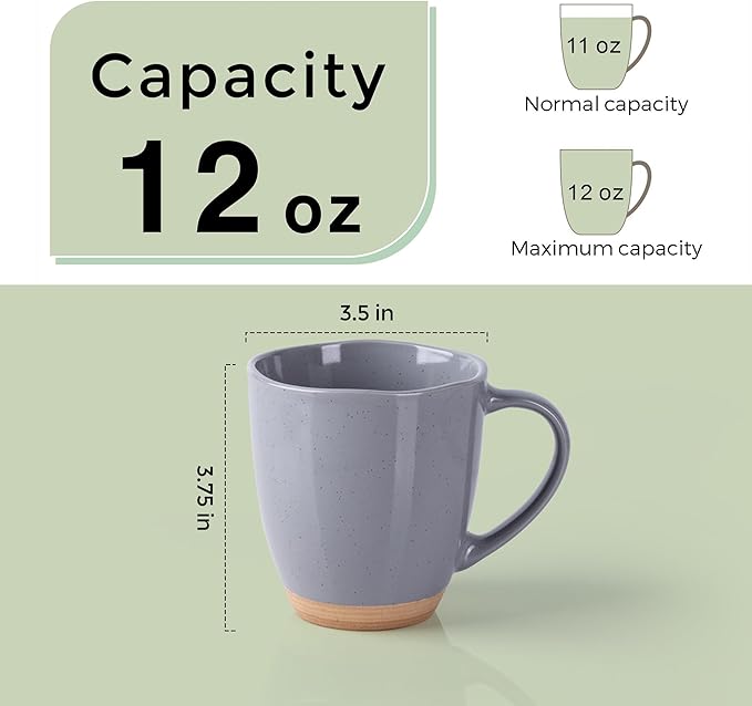 AmorArc 12oz Coffee Mugs set of 4, Stoneware Coffee Mugs with Rustic Terracotta Underside for Latte/Cappuccino/Milk/Cocoa, Dishwasher&Microwave Safe, Gray